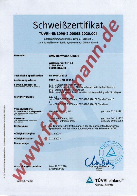 Zertifikate von BMS Hoffmann GmbH in Riesa - zugelassener Schweißfachbetrieb zum Schweißen von Stahlbauten nach DIN EN 1090 EXC2
